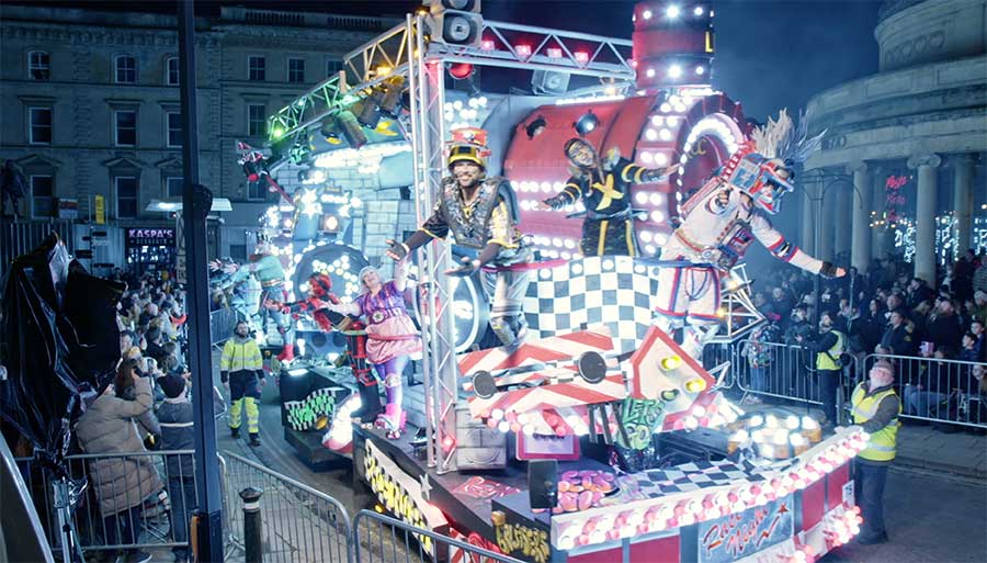 Another amazing cart heads past the camera crew under the big screen at Bridgwater Carnival 2023