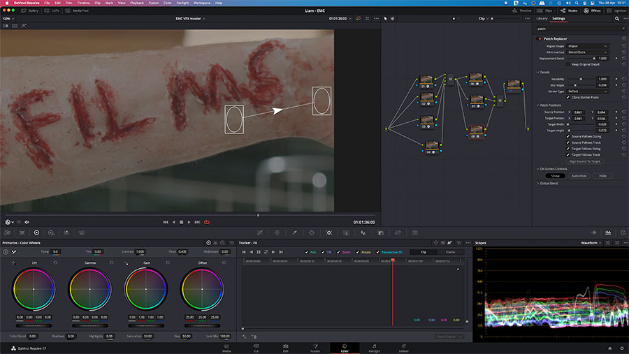 VFX patch replacer in Davinci Resolve to clean up the stick-on cut effects