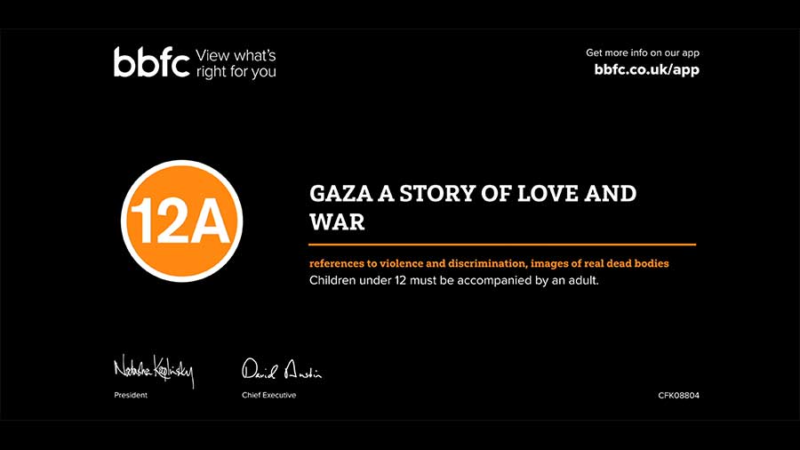 BBFC certificate for Mike Josephs Documentary - Gaza A story of Love and War