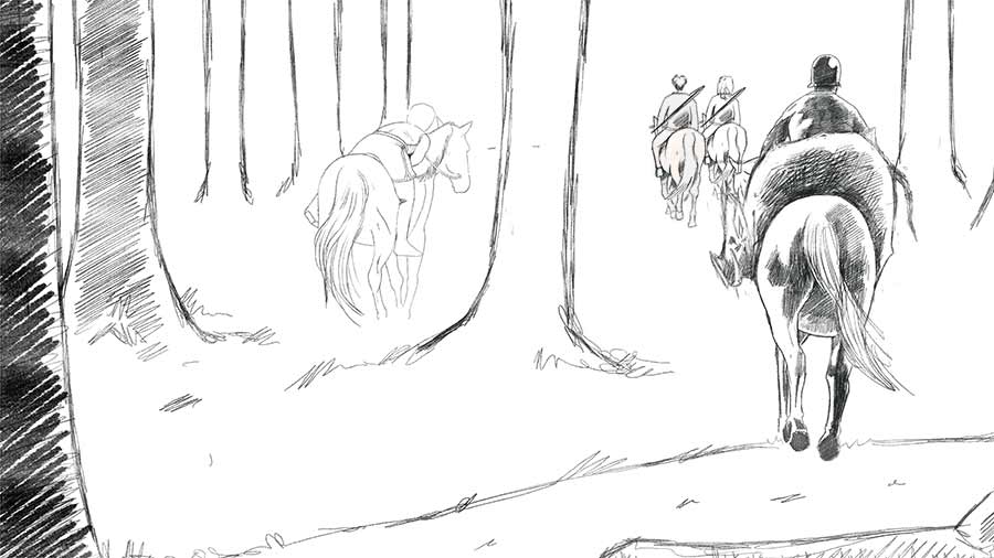 A storyboard image from A Call To Arms - Riding back out of the forest after the hunt