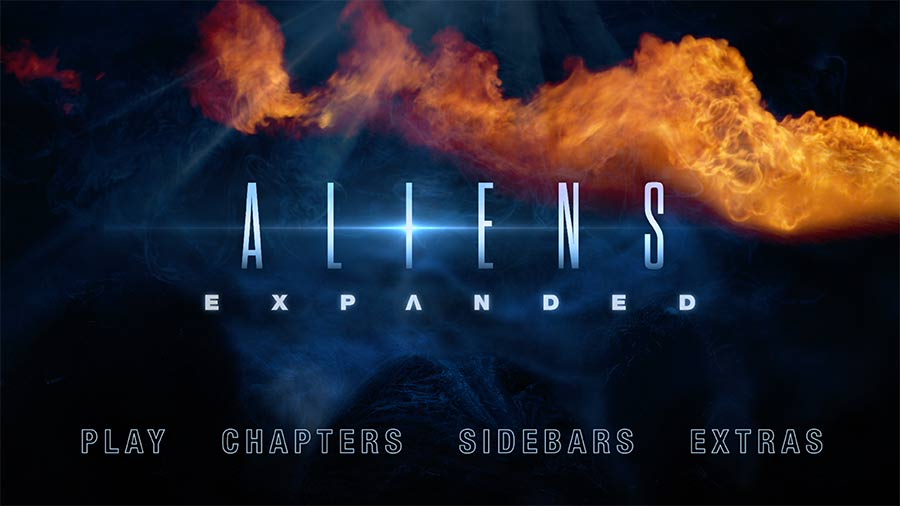 Aliens Expanded main menu image with Alien Eggs on fire