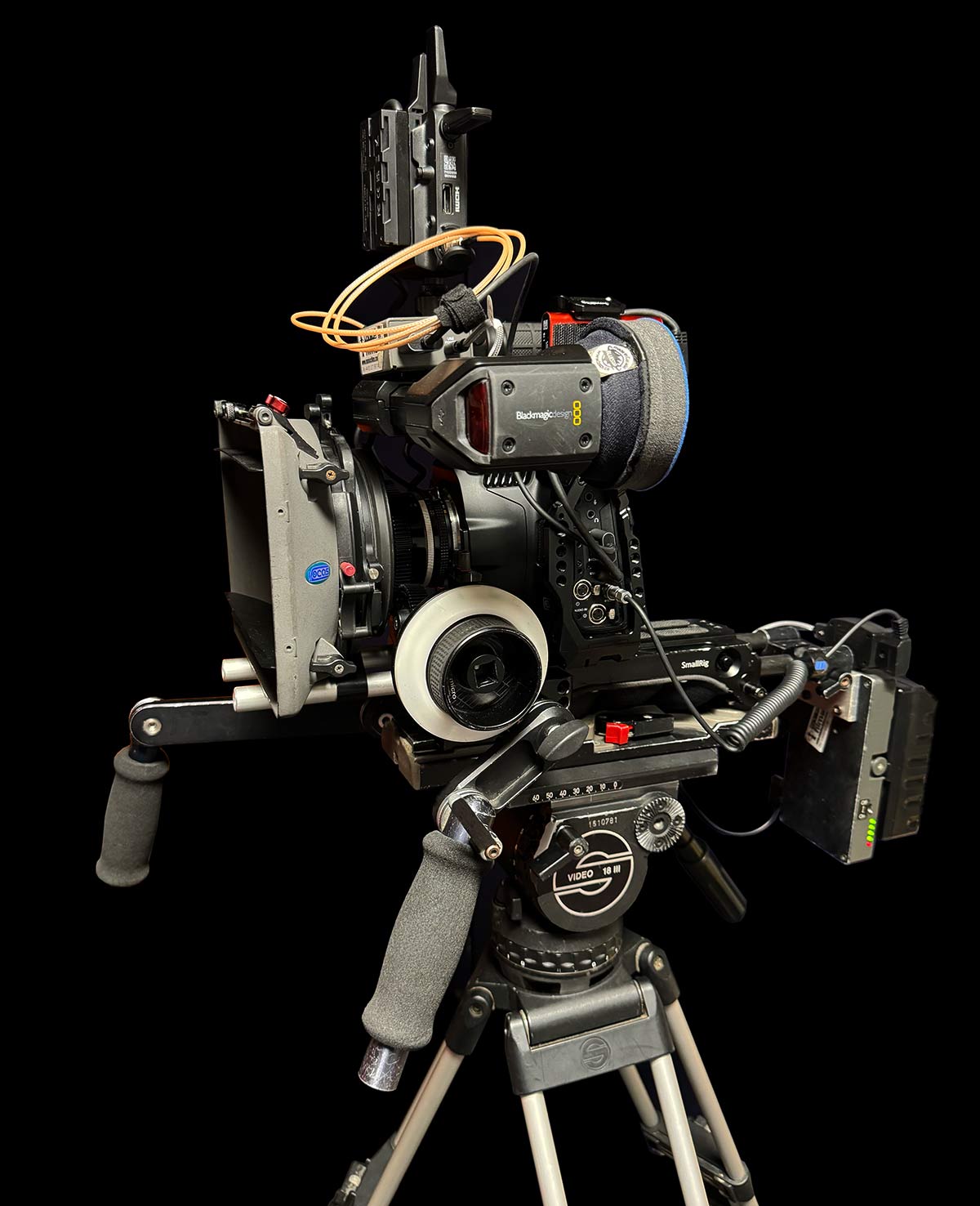 Blackmagic Viewfinder attached to BM6k Pro with cheeseplate and DJI wireless SDR transmission on Sachtler tripod