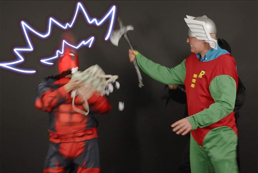 Teambuilding camera lights action event in Bath with lots of superheros visiting